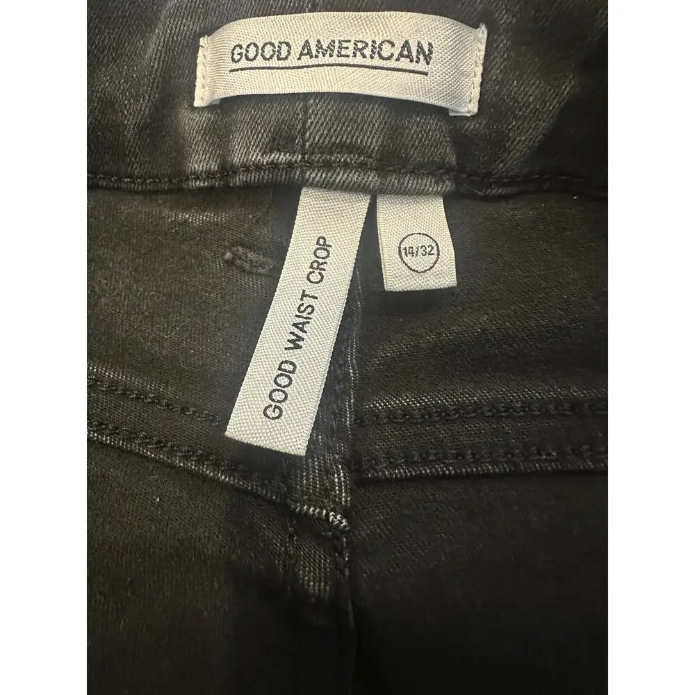 Good American Good Waist Ripped High Waist Crop Jeans Distressed Black Size 14 - Picture 6 of 12